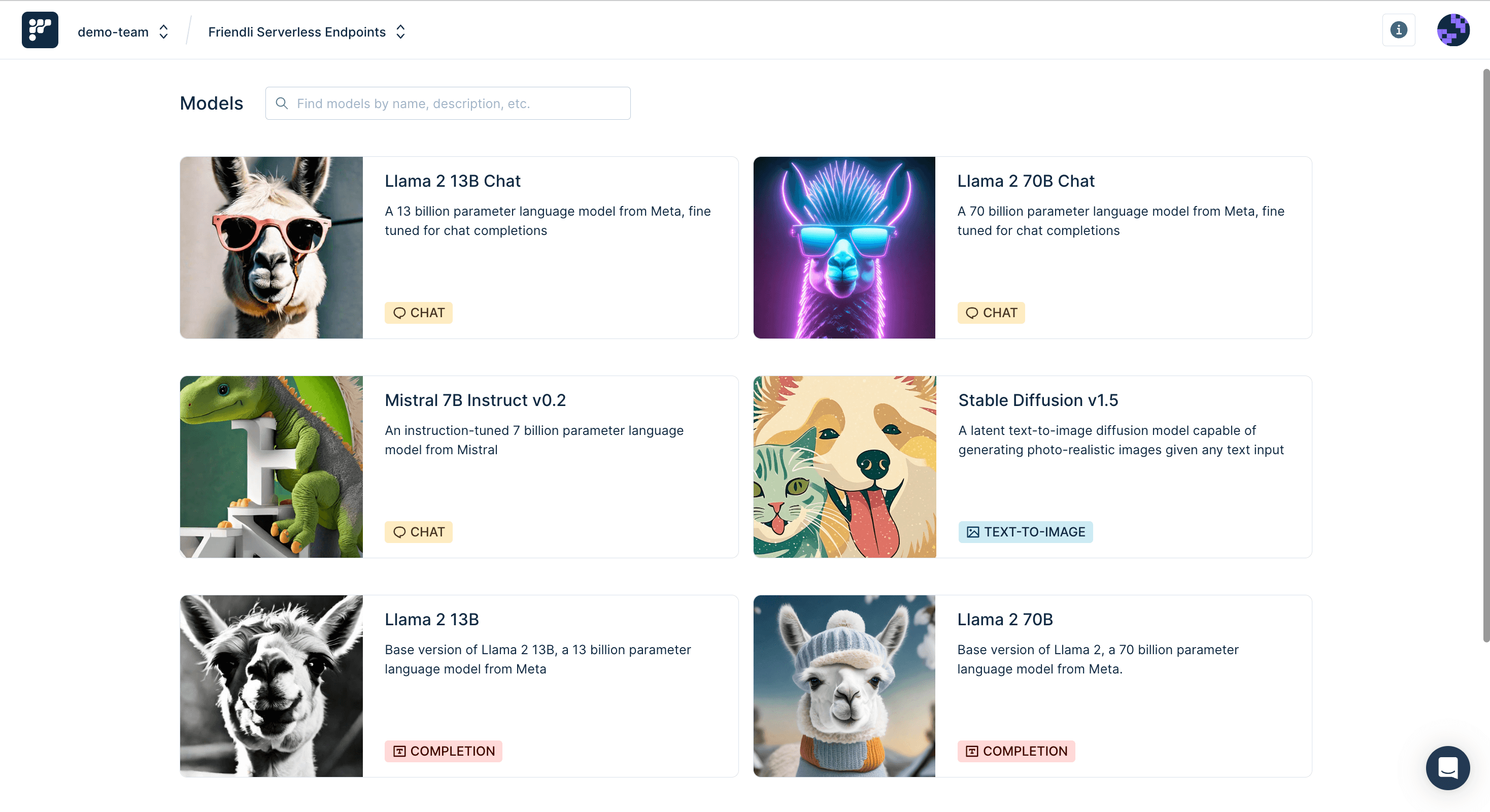 Diverse models are supported in Friendli Serverless Endpoints including Llama-2, Llama-2-Chat, Mistral 7B, Mistral-7B-instruct, Stable Diffusion v1.5, and more-FriendliAI